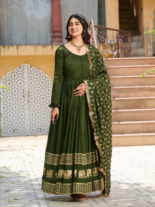 Awesome Vichitra Silk Green Color Gown