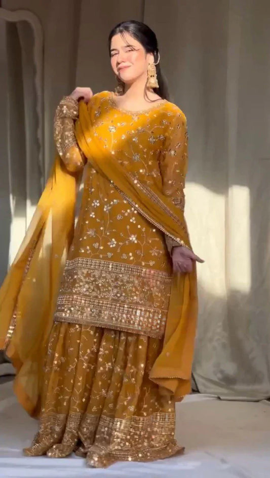 Occasion Wear Yellow Color Sequence Work Sharara Suit