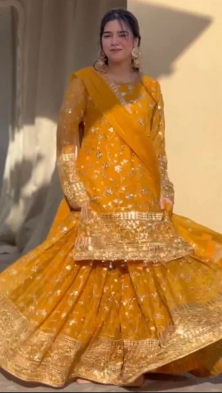 Occasion Wear Yellow Color Sequence Work Sharara Suit