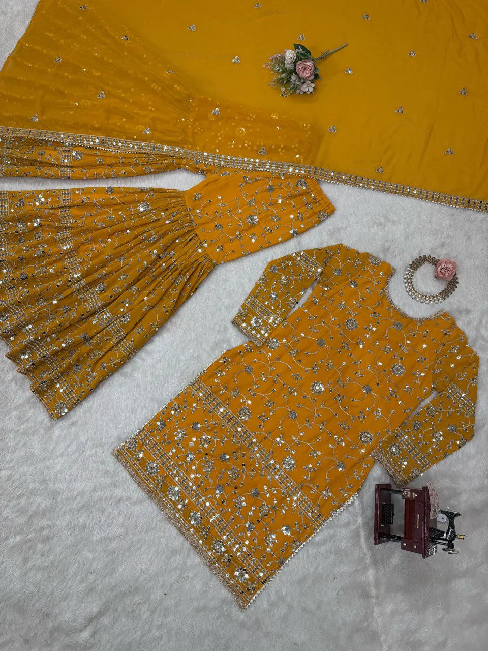 Occasion Wear Yellow Color Sequence Work Sharara Suit