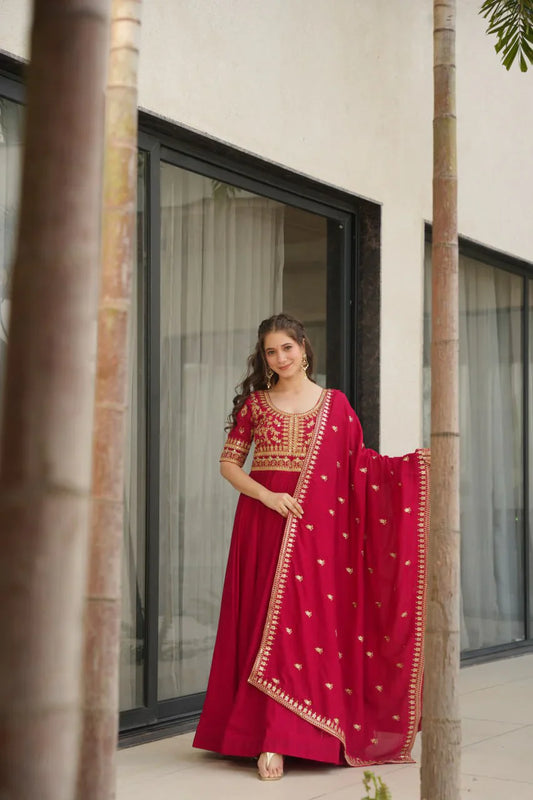 Attractive Vichitra Silk Pink Color Gown