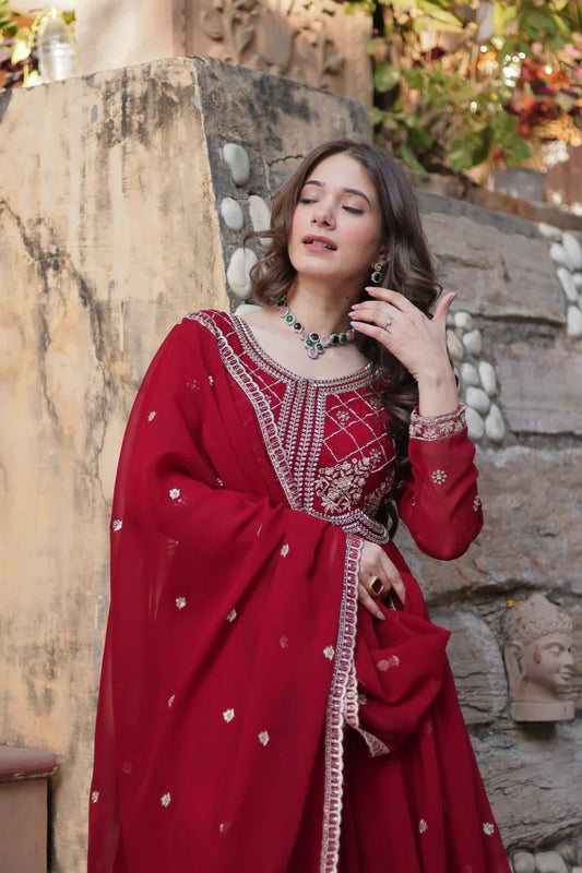 Amazing Embroidered Work Red Color Gown