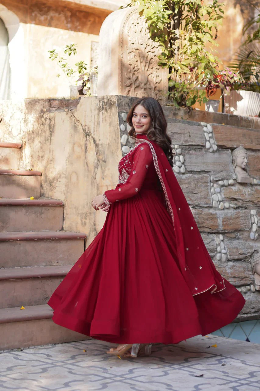 Amazing Embroidered Work Red Color Gown