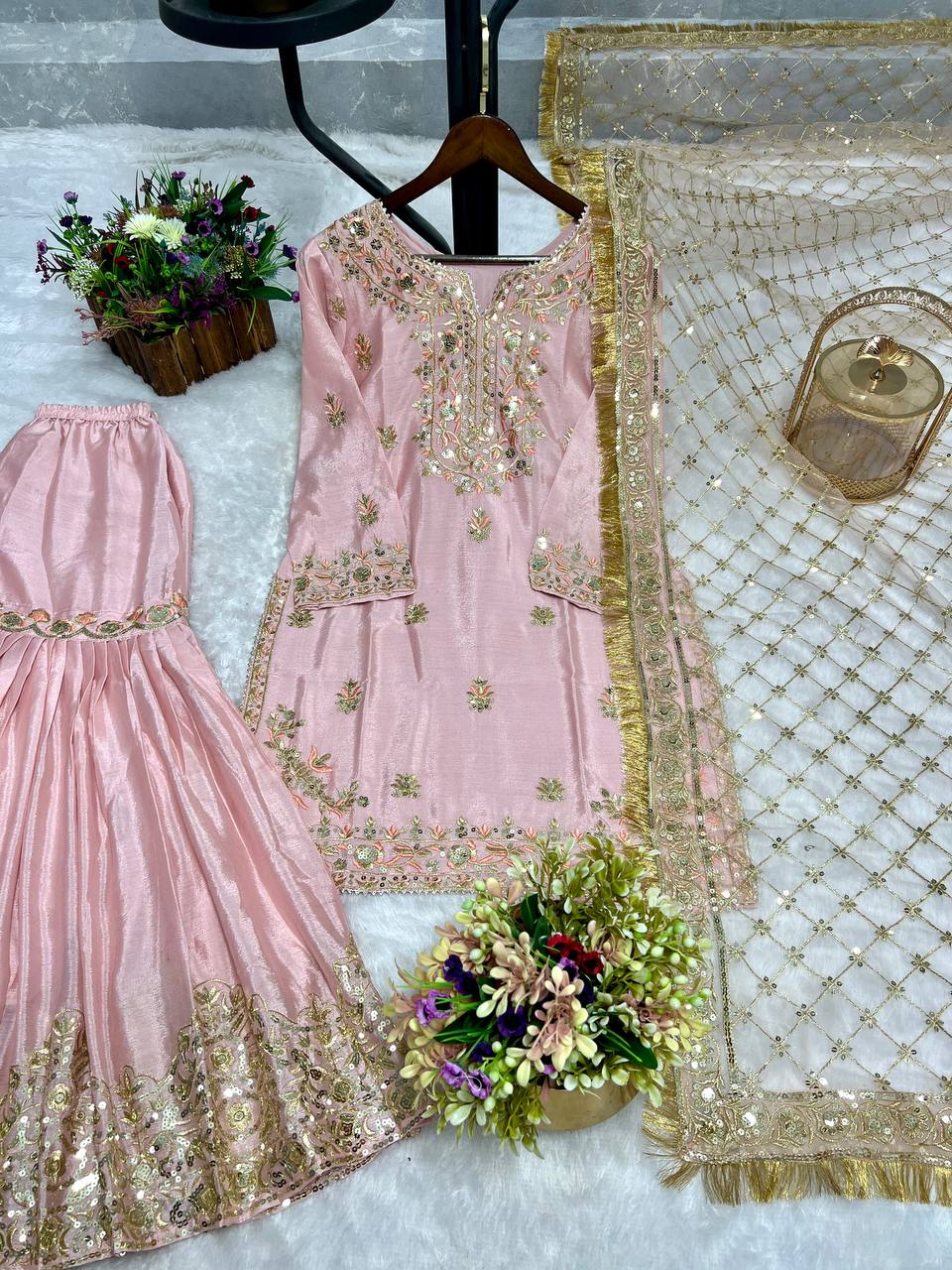 Designer Heavy Work Pink Color Sharara Suit
