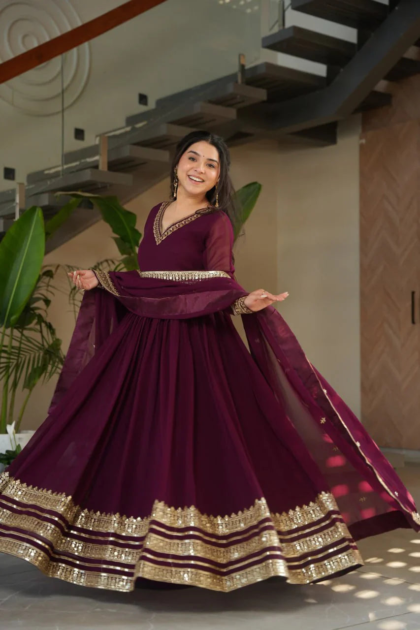 Elegant Embroidery Work Wine Color Gown