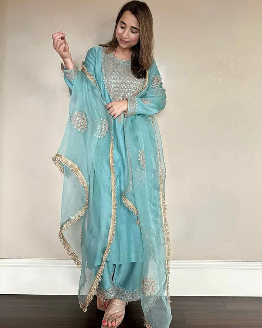 Graceful Vichitra Silk Sky Blue Color Sharara Suit