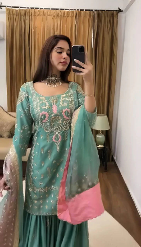 Designer Heavy Work Rama Color Sharara Suit