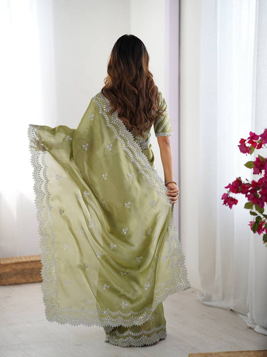 Lovely Heavy Work Green Color Saree