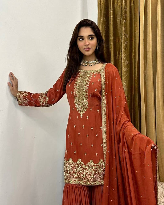 Gorgeous Embroidery Work Brown Color Sharara Suit