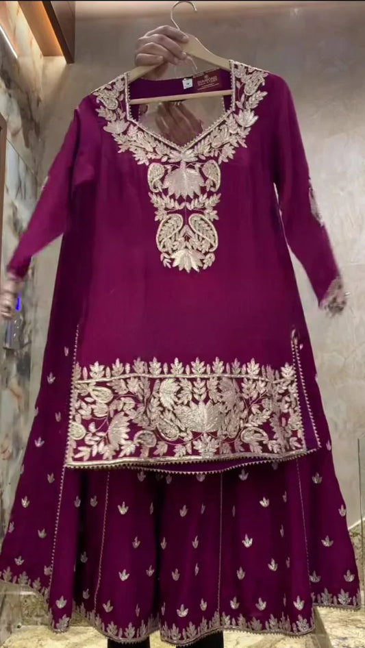 Function Wear Heavy Work Wine Color Sharara Suit