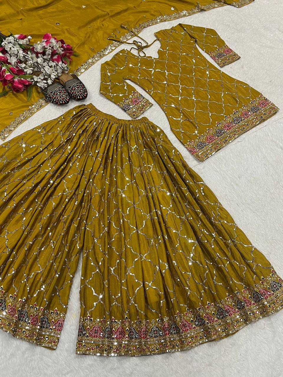 Full Sequence Work Heavy Mustard Color Sharara Suit