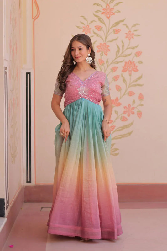 Fantastic Embroidered Work Double Shade Light Pink Color Gown