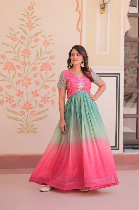 Fantastic Embroidered Work Double Shade Pink Color Gown