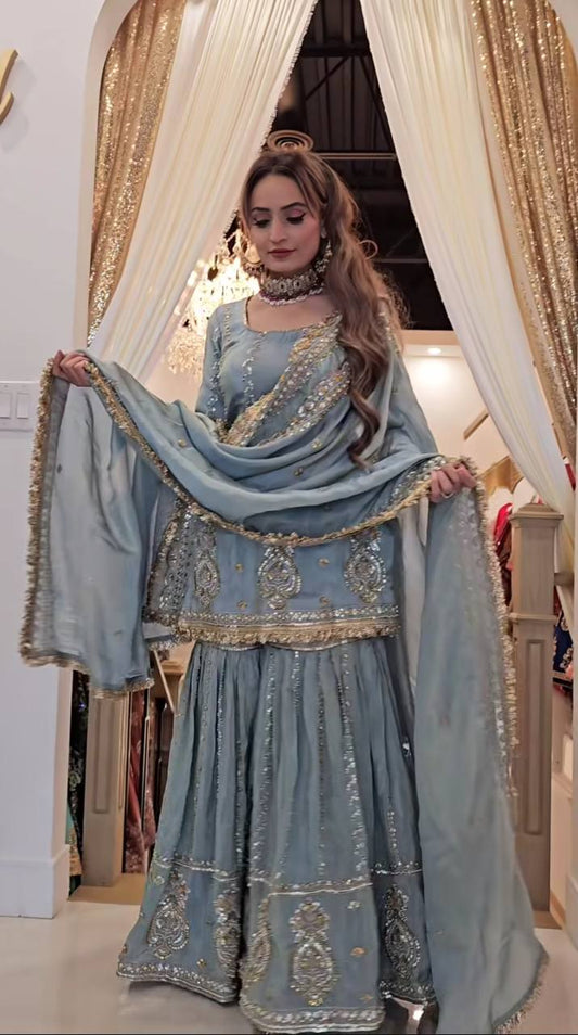 Occasion Wear Embroidery Work Teal Blue Color Sharara Suit