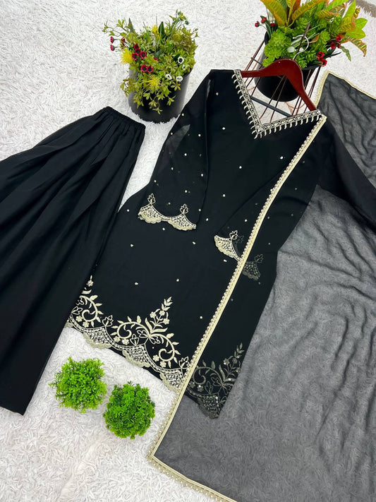 Awesome Embroidery Work Black Color Sharara Suit
