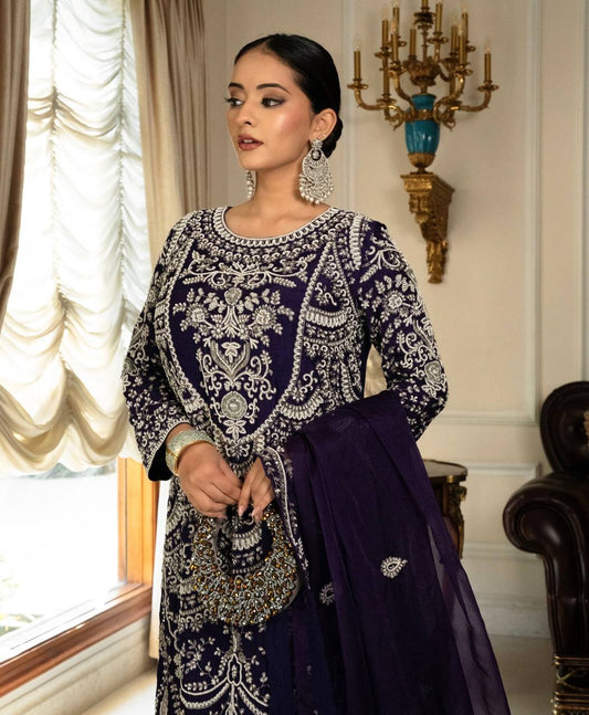 Designer Heavy Work Navy Blue Color Palazzo Suit
