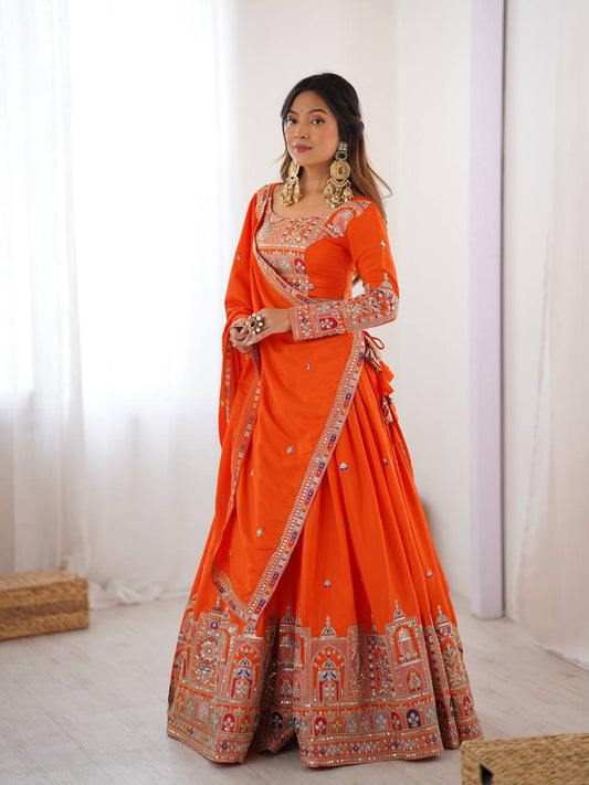 Marriage Special Sequence Work Orange Color Lehenga Choli