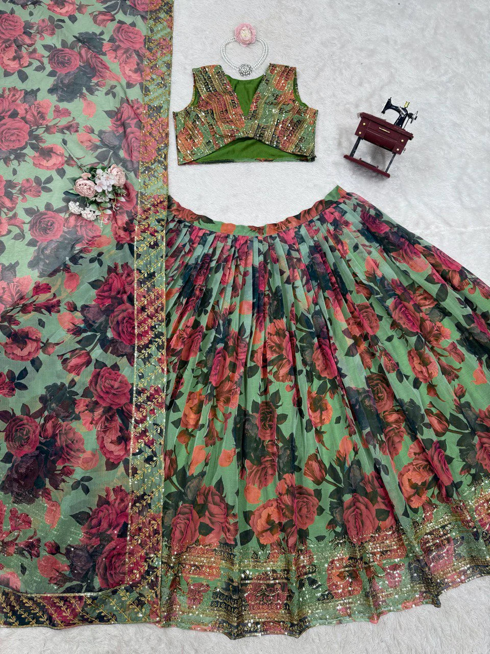 Designer Multi Flower With Green Color Lehenga Choli