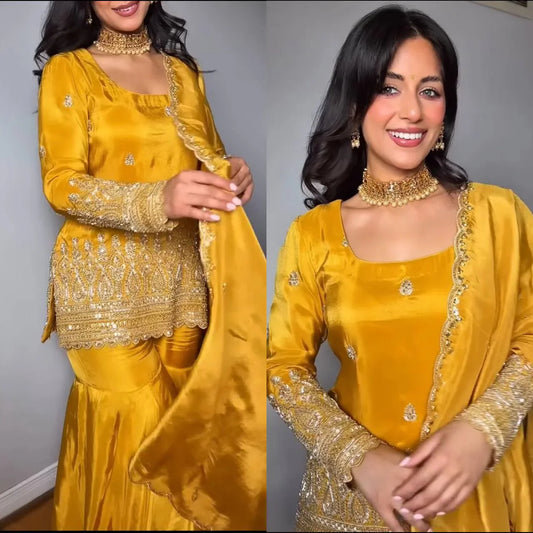 Classy Heavy Sequence Work Yellow Color Sharara Suit