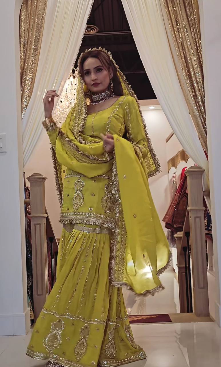 '-50% Occasion Wear Embroidery Work Mehendi Color Sharara Suit