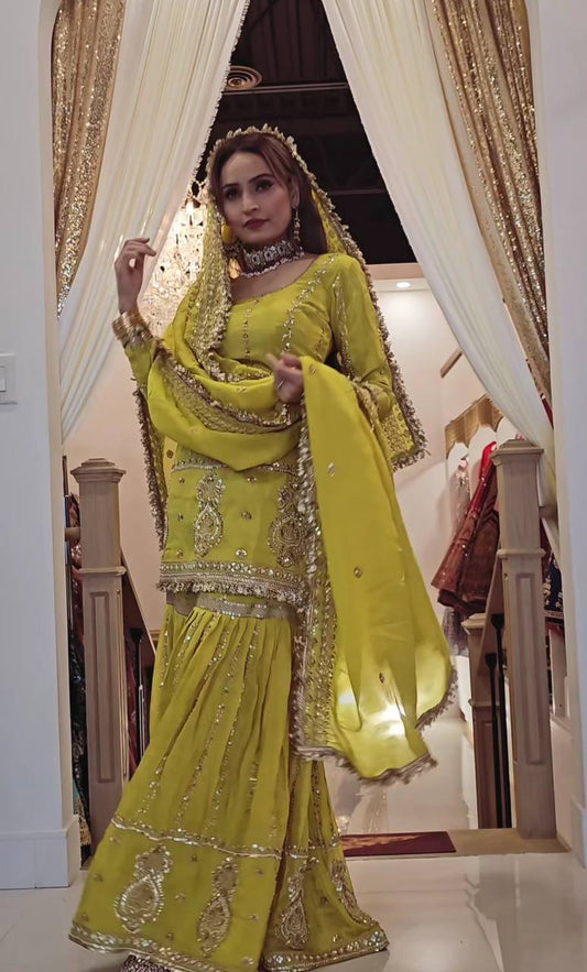 '-50%   Occasion Wear Embroidery Work Mehendi Color Sharara Suit