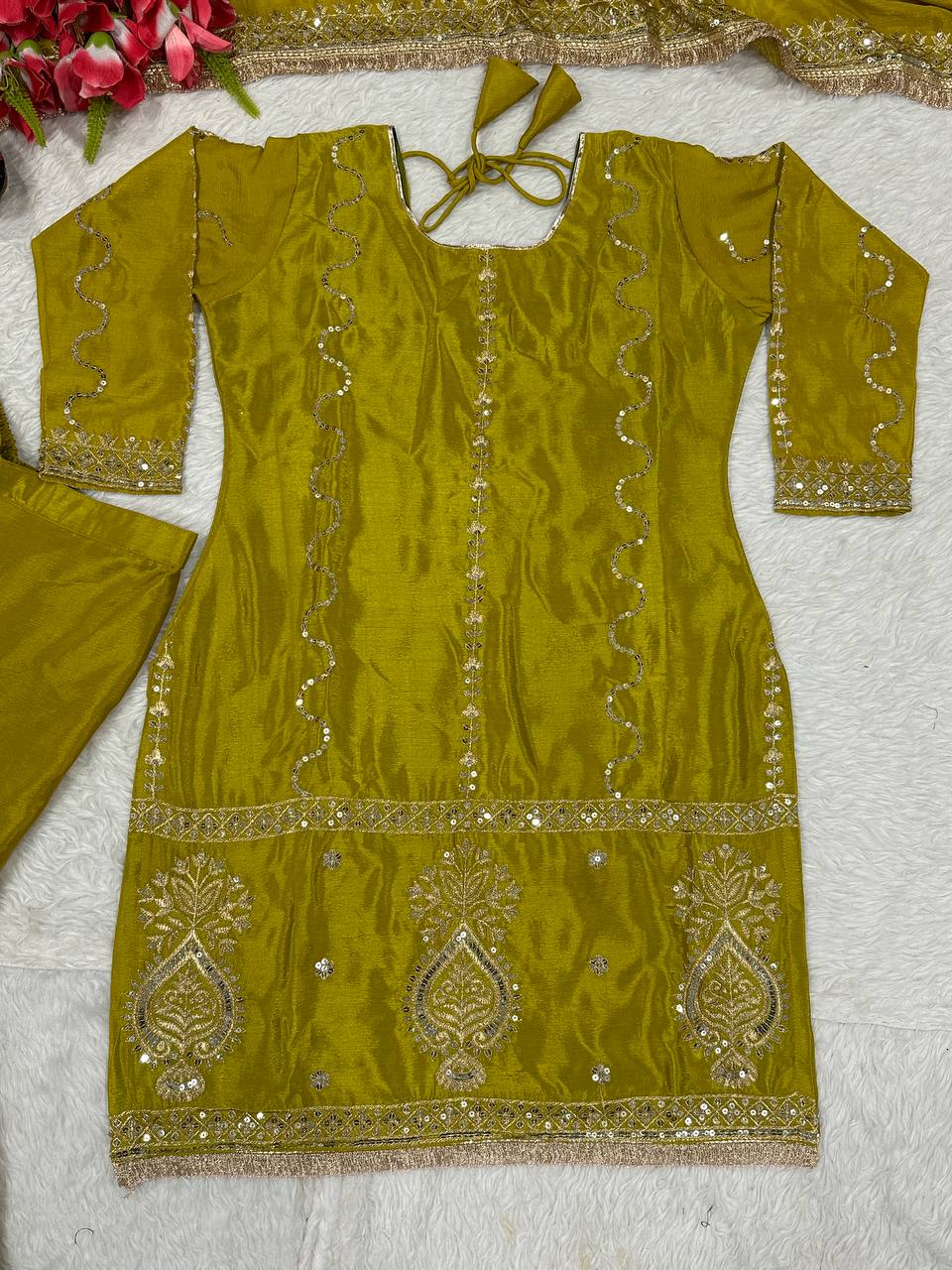 '-50% Occasion Wear Embroidery Work Mehendi Color Sharara Suit