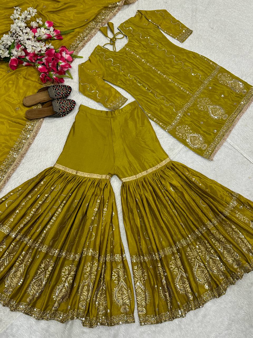 '-50% Occasion Wear Embroidery Work Mehendi Color Sharara Suit