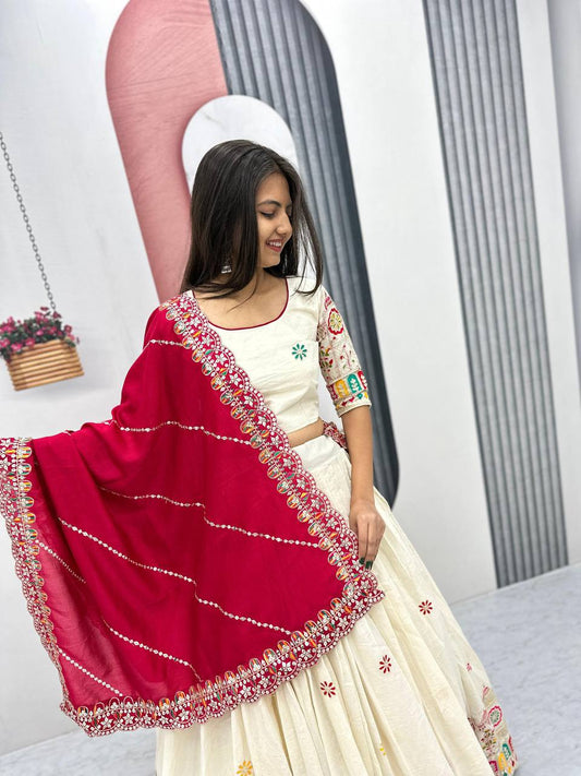 '-50%   Traditional Wear Embroidery Work White Color Lehenga Choli