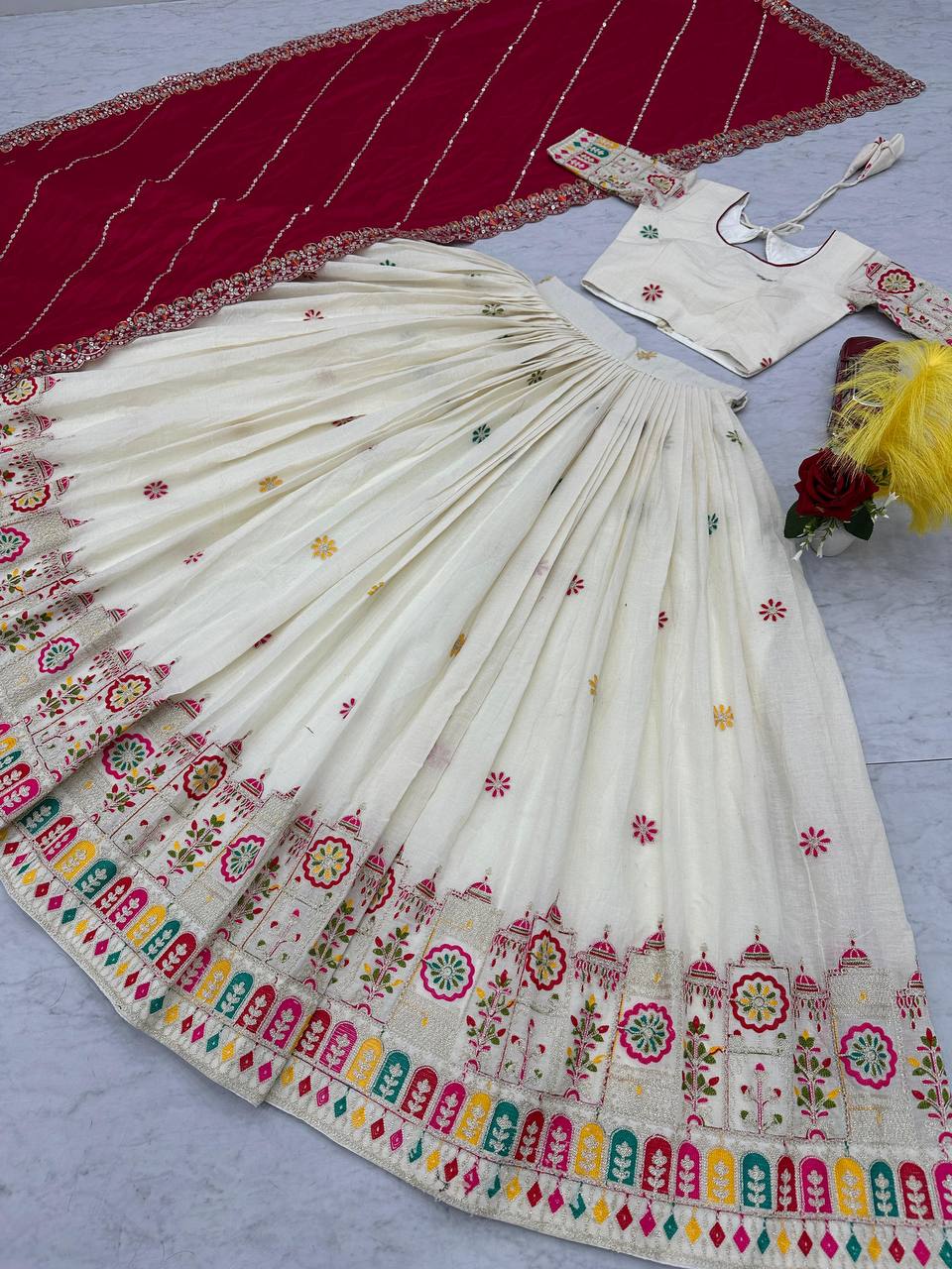 '-50% Traditional Wear Embroidery Work White Color Lehenga Choli