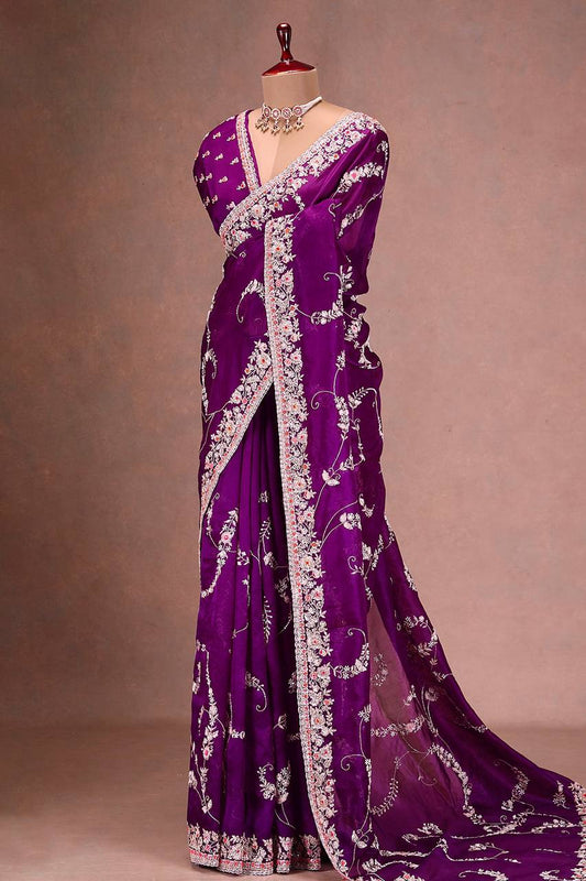 '-50%   Marriage Special Embroidery Work Purple Color Saree