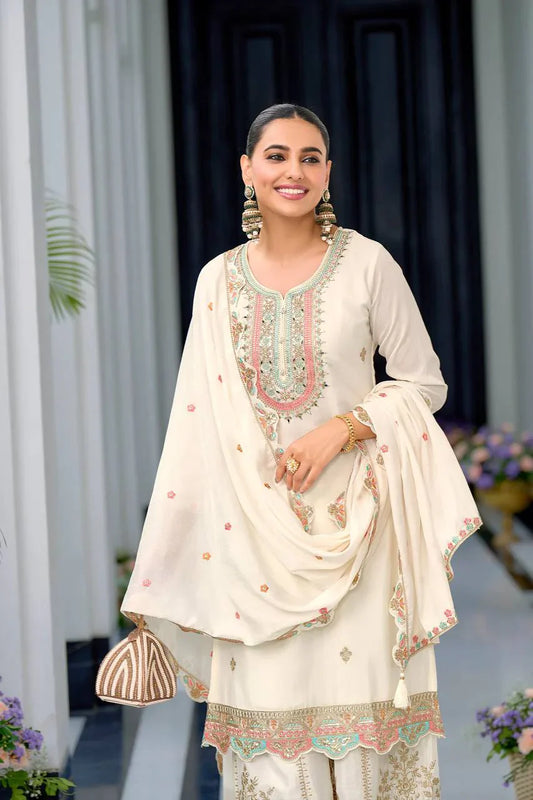 Glimmering Embroidery Work White Color Sharara Suit