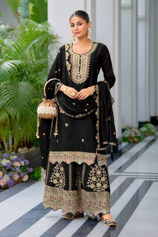 '-50%   Glimmering Embroidery Work Black Color Sharara Suit