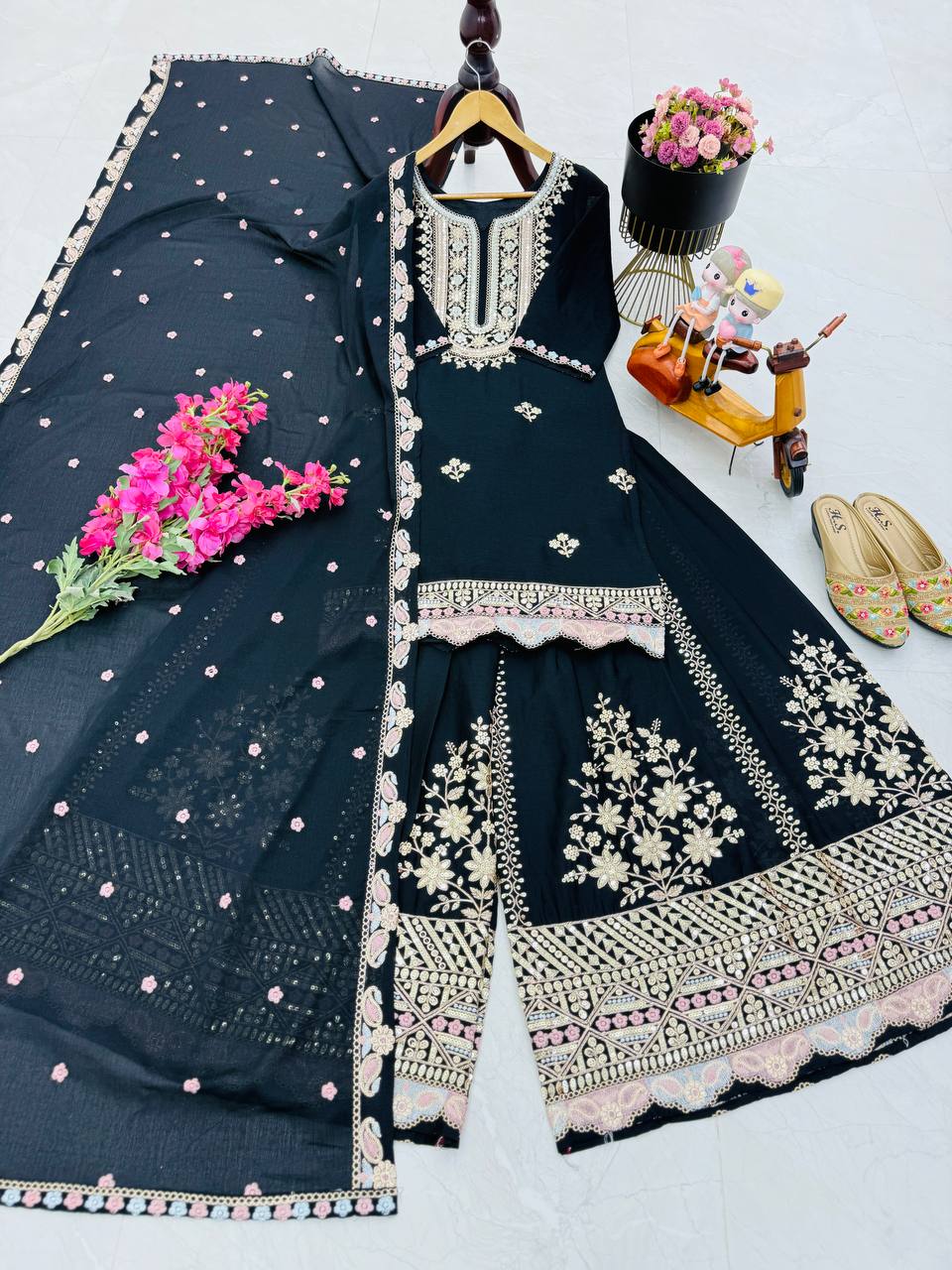 '-50% Glimmering Embroidery Work Black Color Sharara Suit