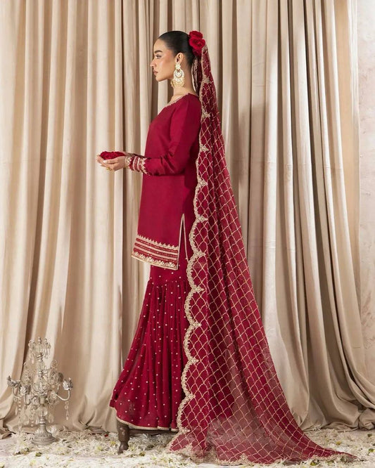 Fantastic Heavy Work Maroon Color Sharara Suit