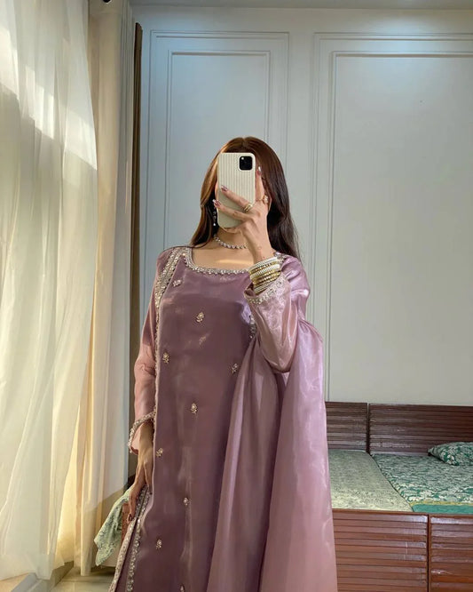Shining Sequence Work Lavender Color Palazzo Suit