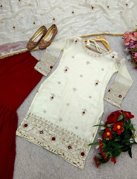 Function Wear Sequence Work White Color Sharara Suit
