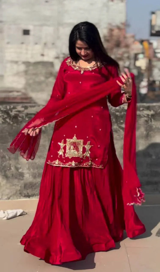 Elegant Embroidery Work Red Color Top With Lehenga Choli