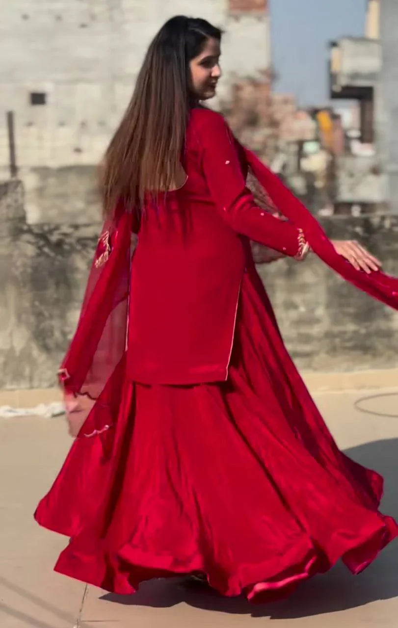 Elegant Embroidery Work Red Color Top With Lehenga Choli