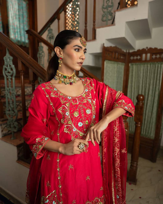 Flattering Heavy Work Red Color Sharara Suit