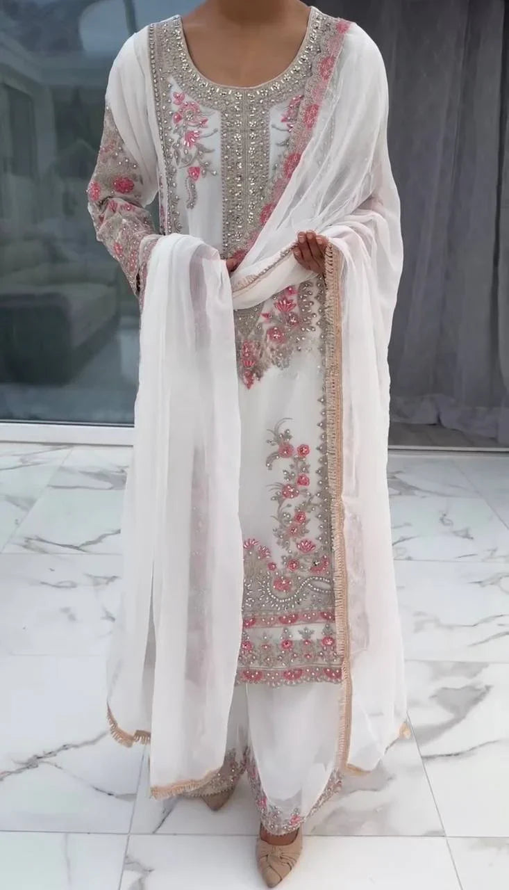 Occasion Wear Heavy Work White Color Palazzo Suit