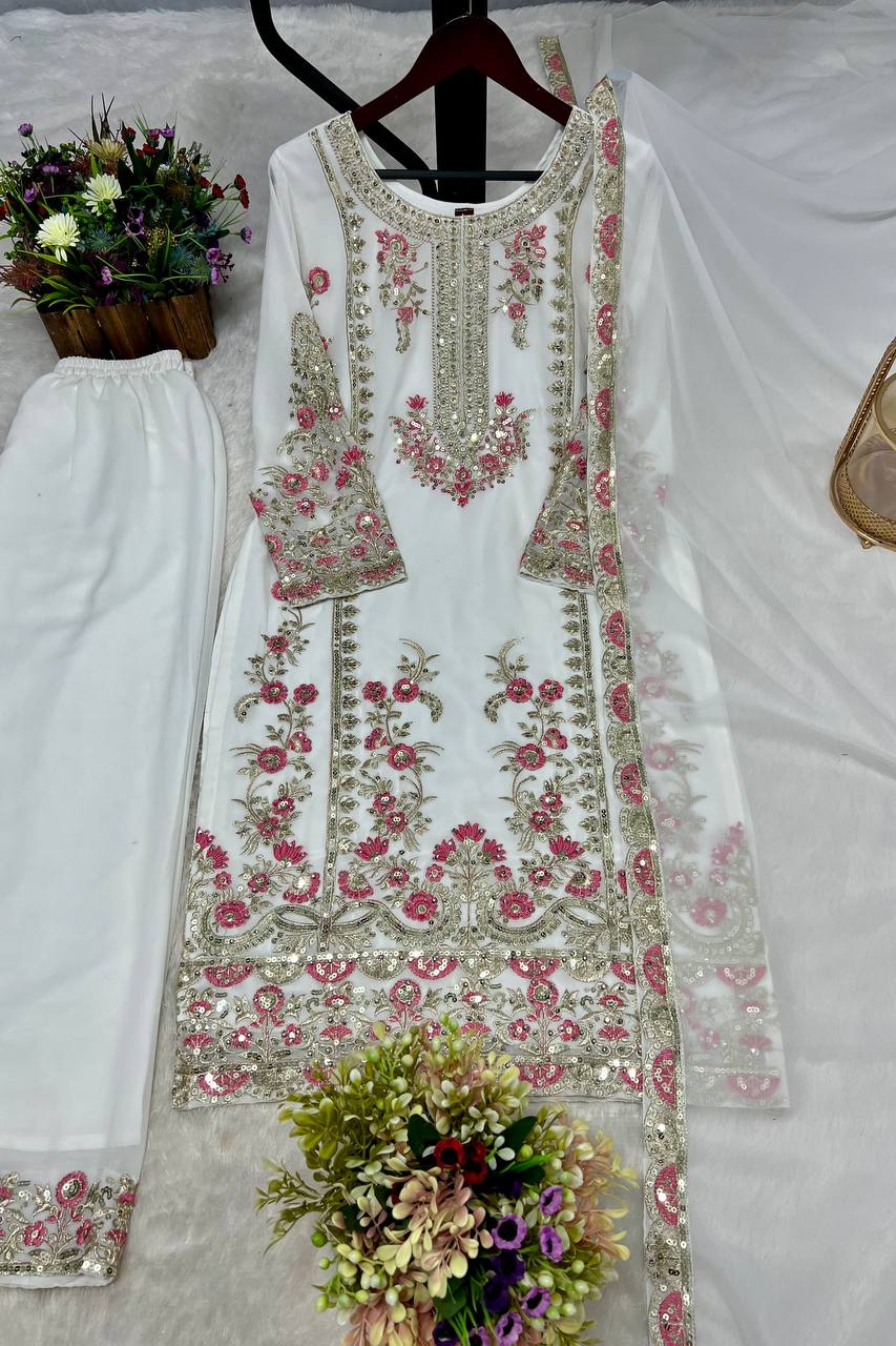 Occasion Wear Heavy Work White Color Palazzo Suit