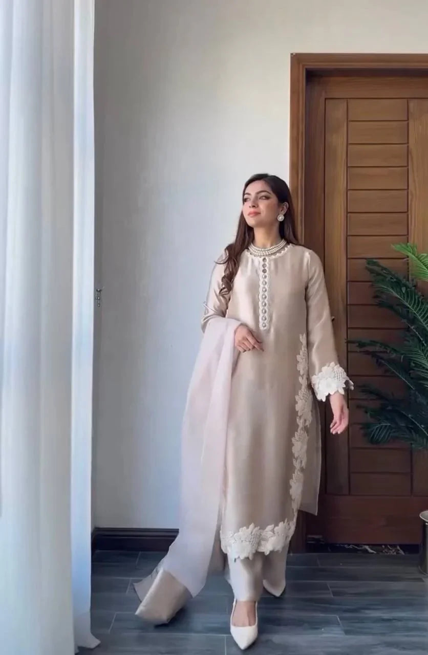 Stylish Peral Moti Hand Work Cream Color Palazzo Suit
