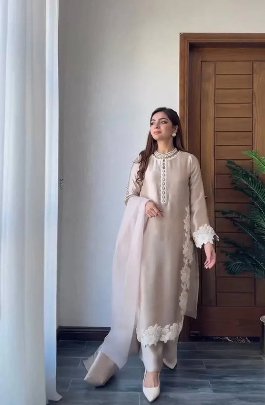 Stylish Peral Moti Hand Work Cream Color Palazzo Suit