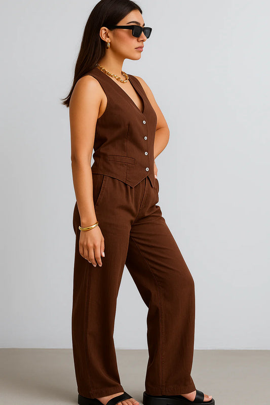 Chocolate Co-Linen Vest Coat & Trousers