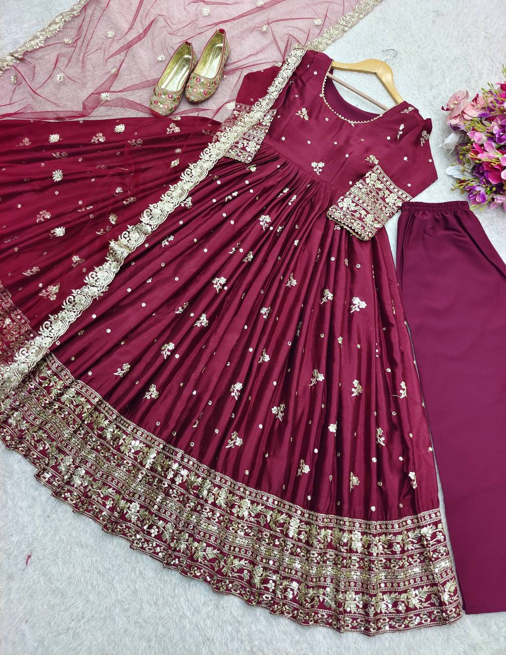 Delightful Sequins Work Wine Color Gown