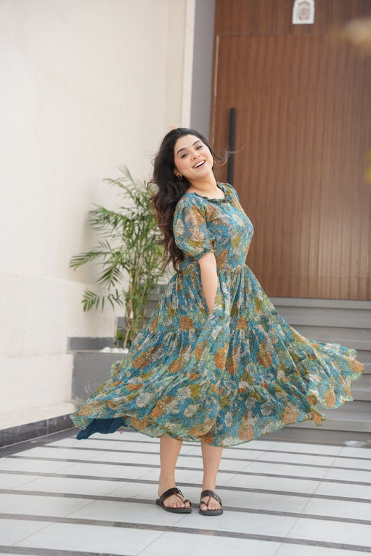 Desirable Women's Full Flair Gown Made With Faux Georgette Fabrics With Print