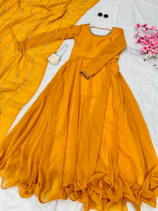 Festive Wear Shine Border Orange Color Gown