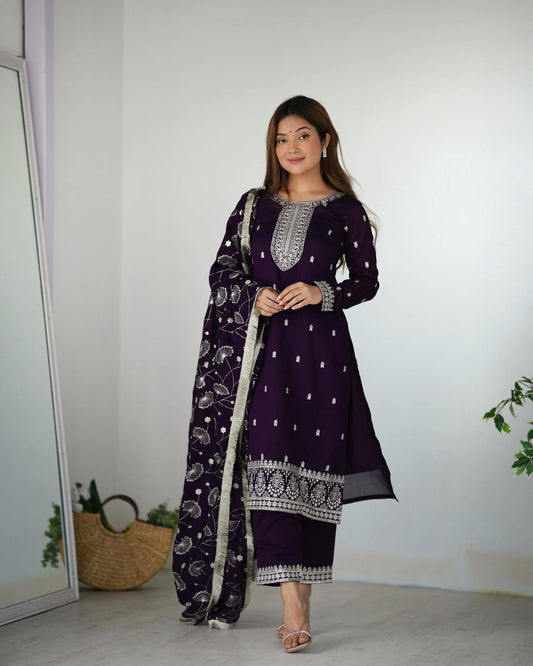 Attractive Wine Color Color Rangoli Silk Fabric Kurta With Dupatta Set