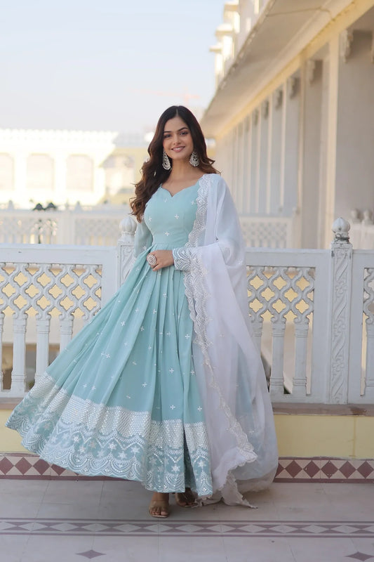 Glimmering Sky Blue Color Thread  Sequins Work Anarkali Suit