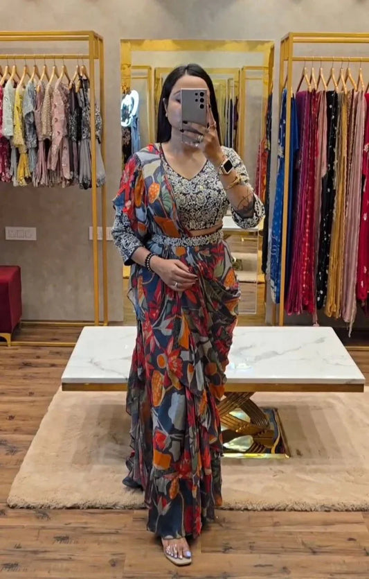 Designer Georgette Navy Blue Multi Color Ready To Wear Saree
